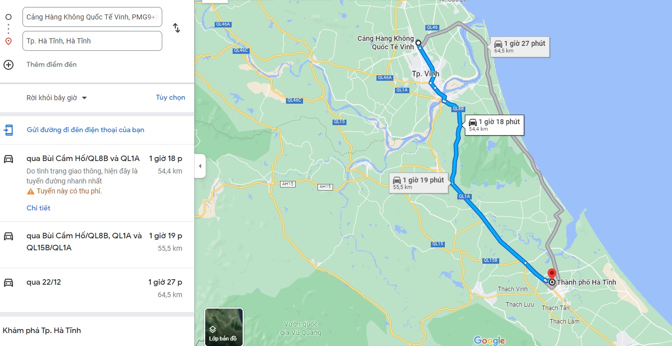 Quãng đường ngắn nhất từ sân bay quốc tế Vinh về Hà Tĩnh dài khoảng 54km