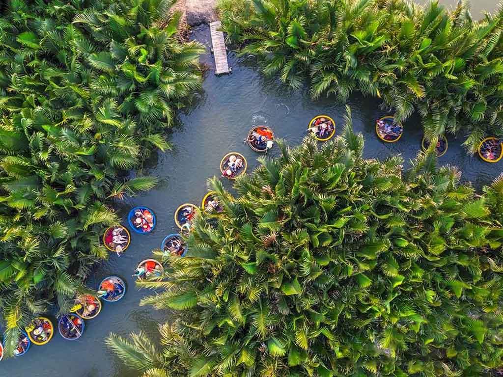 Rừng dừa bảy mẫu là nơi du khách tham quan rừng dừa xanh, yên bình bằng thuyền thúng.