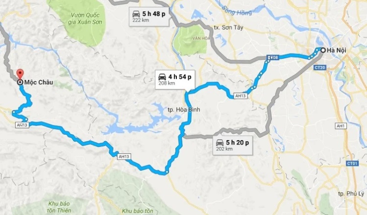 Đường đi Hà Nội đến Mộc Châu trên google map